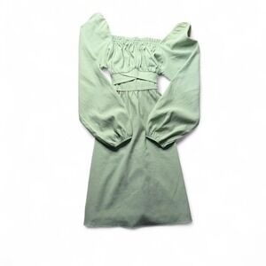 Green off dress with tie back bow